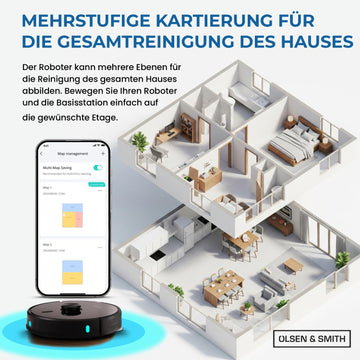 Olsen & Smith Intelligenter Saug- & Wischroboter – 6500Pa Saugleistung, Laser-Navigation, Automatische Entleerung, Selbstladestation, App- & Sprachsteuerung – Perfekt für Tierhaare, Hartböden & Teppiche